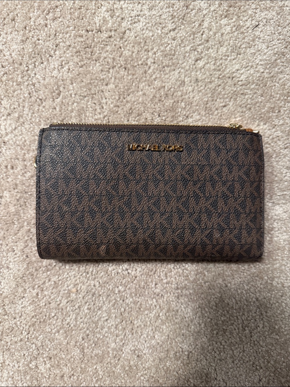 Michael Kors Brown Logo-Print Zip Card Holder with Gold Hardware